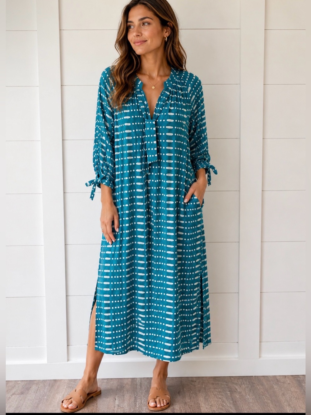 Mirth Handmade Edition Teal Block Print Cotton Midi Dress Size Small Boho India